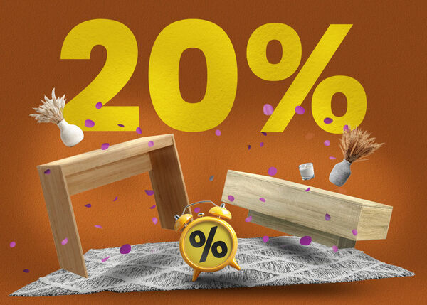 Banner mit einem Tisch, einem TV-Schrank, Teppich und Wecker mit gro&szlig;er gelber Schrift &bdquo;20 %&ldquo;.