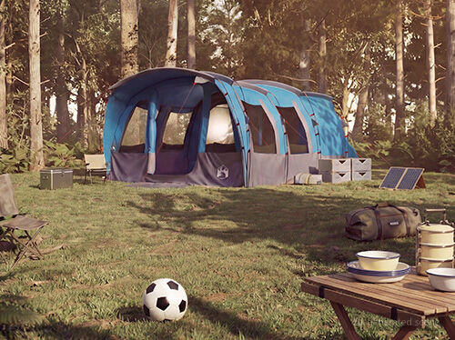 Ger&auml;umiges blaues Familienzelt im Freien mit mehreren Bereichen, ideal f&uuml;r komfortables Gruppenzelten.