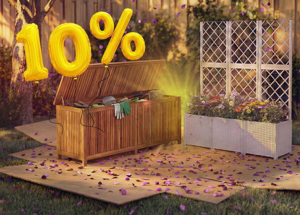 Garten-Aufbewahrungsbox mit Werkzeugen und ein Pflanzk&uuml;bel mit Rankgitter und Blumen in einer Hinterhofszene, umgeben von rosa Konfetti und goldenen Ballons mit &bdquo;10 % Rabatt&ldquo;, der einen saisonalen Ausverkauf von Gartenaufbewahrung und Pflanzk&uuml;beln hervorhebt.