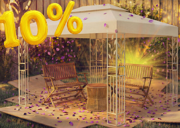 Gartenpavillon mit zwei Holzb&auml;nken und einem kleinen Tisch darunter, umgeben von rosa Konfetti und goldenen Ballons mit &bdquo;10 % Rabatt&ldquo;, der ein saisonales Angebot f&uuml;r Pavillons und Garten&uuml;berdachungen hervorhebt.