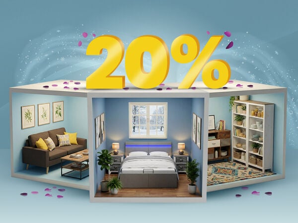 Banner-Bild mit einem &bdquo;20 %&ldquo;-Rabatt in gro&szlig;en gelben 3D-Zahlen &uuml;ber drei Miniatur-Raumdisplays, die ein Wohnzimmer, ein Schlafzimmer und einen Stauraum mit modernen M&ouml;beln zeigen. Klicken Sie hier, um die Produkte der Kollektion zu sehen.