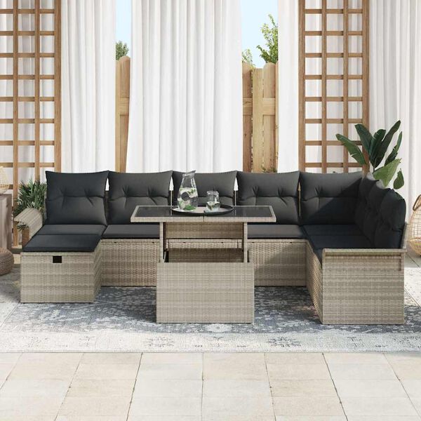 vidaXL Garten-Sofa-Set mit Kissen 9 pcs Hellgrau Poly Rattan