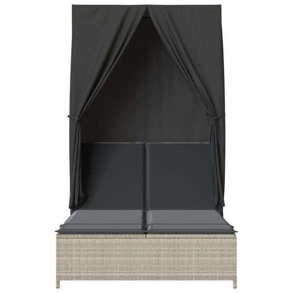vidaXL Doppel-Sonnenliege mit Dach und Vorhängen Hellgrau Poly Rattan