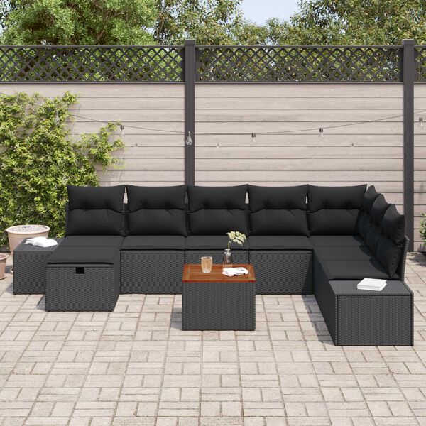 vidaXL Garten-Sofa-Set mit Kissen 9 pcs Schwarz Poly Rattan
