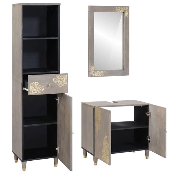 vidaXL Badezimmerschrank-Set Wandmontiert 3 pcs Grau Massivholz Mango