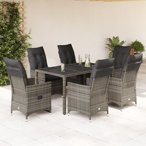 vidaXL 7-tlg. Garten-Essgruppe mit Kissen Grau Poly Rattan