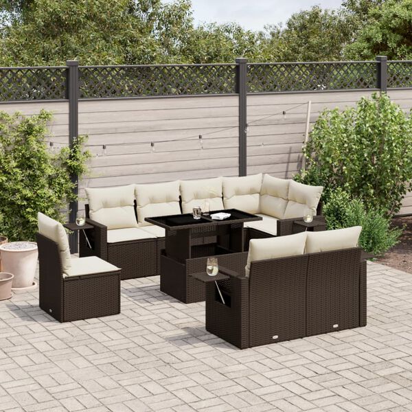 vidaXL 9-tlg. Garten-Sofagarnitur mit Kissen Braun Poly Rattan