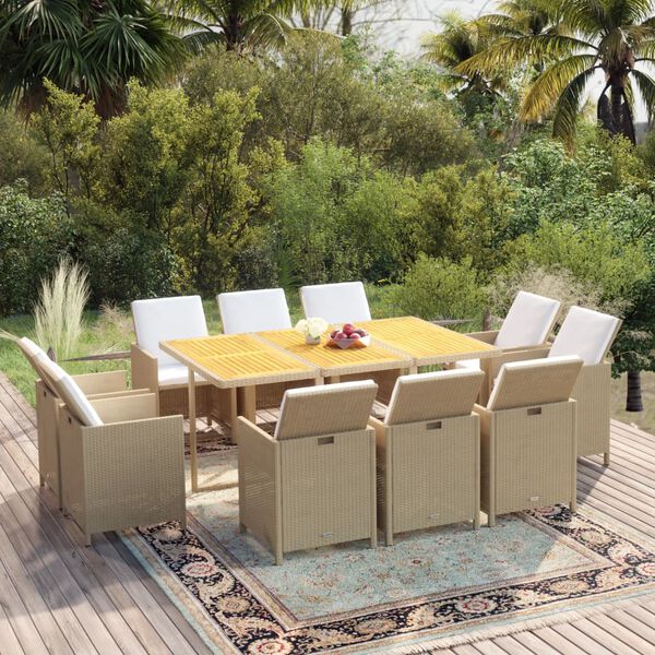 vidaXL 11-tlg. Garten-Essgruppe mit Kissen Poly Rattan Beige
