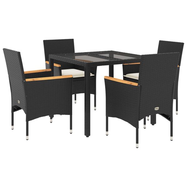 vidaXL 5-tlg. Garten-Essgruppe mit Kissen Schwarz Poly Rattan und Glas