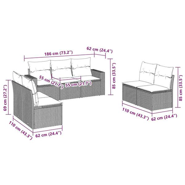 vidaXL 7-tlg. Garten-Sofagarnitur mit Kissen Braun Poly Rattan