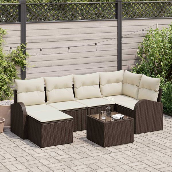 vidaXL Sofa Set mit Kissen 7 pcs Braun und Wei&szlig; Poly-Rattan