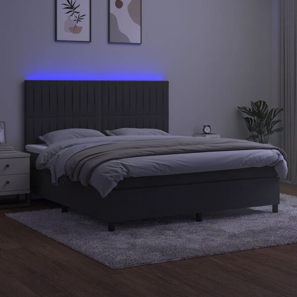 vidaXL Boxspringbett mit Matratze & LED Dunkelgrau 180x200 cm Samt