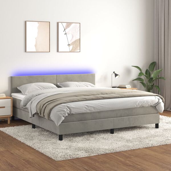 vidaXL Boxspringbett mit Matratze & LED Hellgrau 180x200 cm Samt