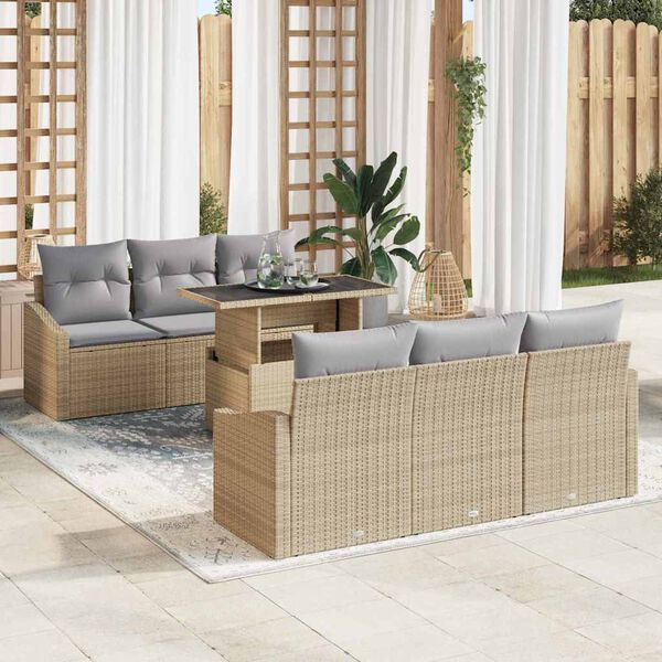 vidaXL Garten-Sofa-Set mit Speicher 7 pcs Beige Poly Rattan