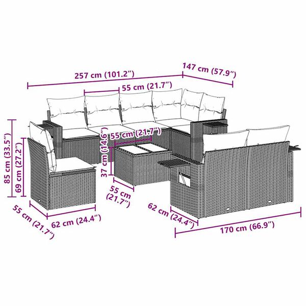 vidaXL 9-tlg. Garten-Sofagarnitur mit Kissen Schwarz Poly Rattan