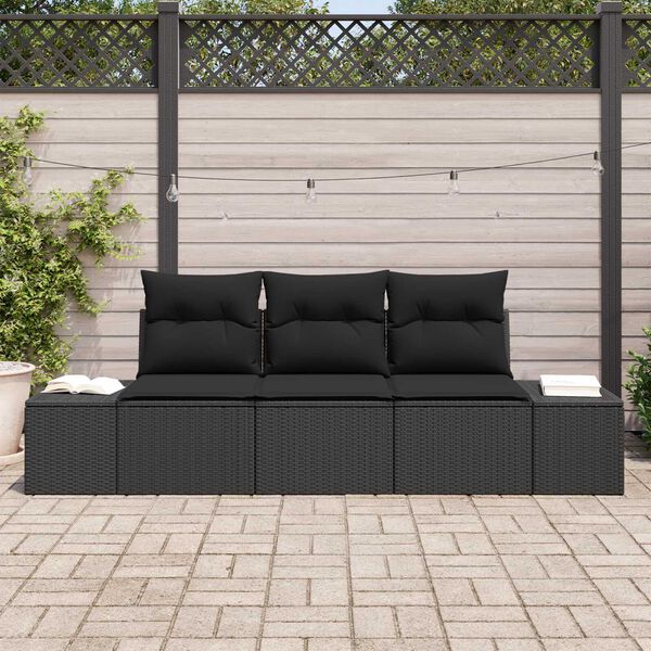 vidaXL Sofa Set mit Kissen 3 pcs Schwarz Poly-Rattan