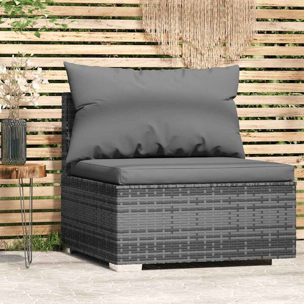vidaXL Garten-Mittelsofa mit Kissen Grau Poly Rattan