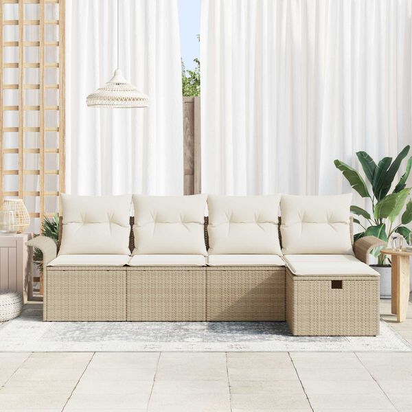 vidaXL Garten-Sofa-Set mit Kissen mit Speicher 5 pcs Beige Poly Rattan