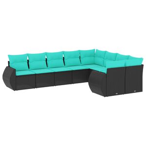 vidaXL 9-teiliges Gartensofa-Set mit Kissen, schwarzes Polyrattan