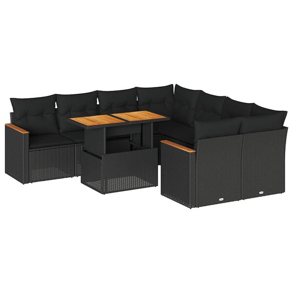 vidaXL 9-tlg. Garten-Sofagarnitur mit Kissen Schwarz Poly Rattan