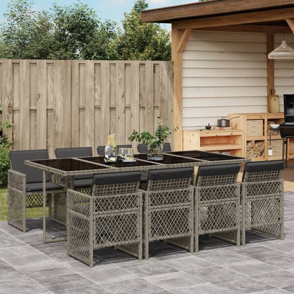 vidaXL 9-tlg. Garten-Essgruppe mit Kissen Grau Poly Rattan