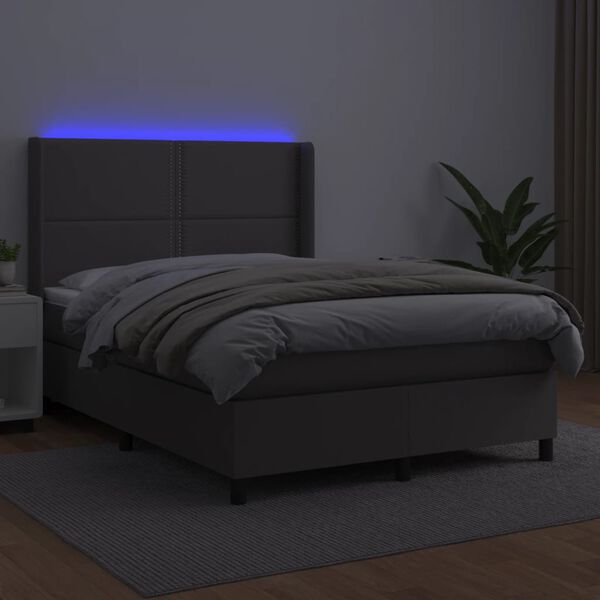 vidaXL Boxspringbett mit Matratze & LED Grau 140x200 cm Kunstleder
