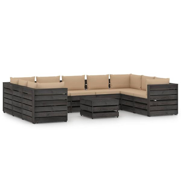vidaXL 10-tlg. Garten-Lounge-Set mit Kissen Grau Impr&auml;gniertes Holz