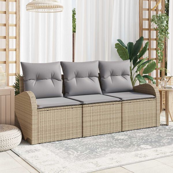 vidaXL Garten-Sofa-Set mit Kissen 3 pcs Beige und Hellgrau Poly Rattan