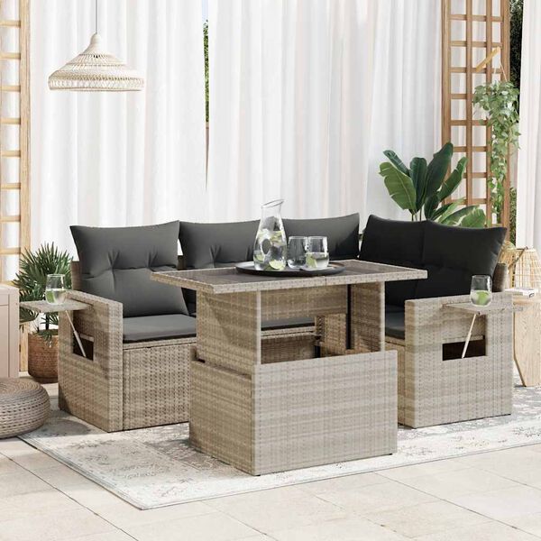 vidaXL 5-tlg. Garten-Sofagarnitur mit Kissen Hellgrau Poly Rattan