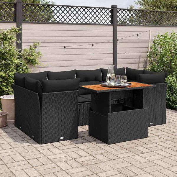 vidaXL 7-tlg. Garten-Sofagarnitur mit Kissen Schwarz Poly Rattan