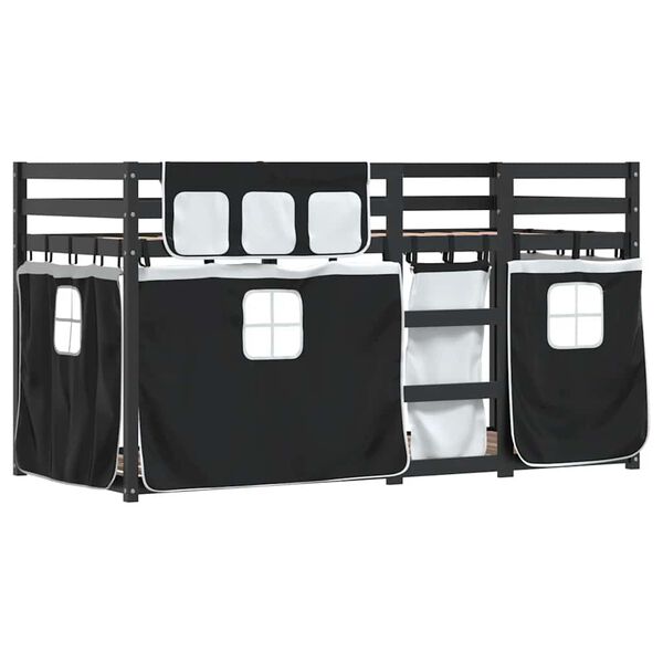 vidaXL Etagenbett mit Vorhängen Weiß & Schwarz 90x190 cm Kiefernholz
