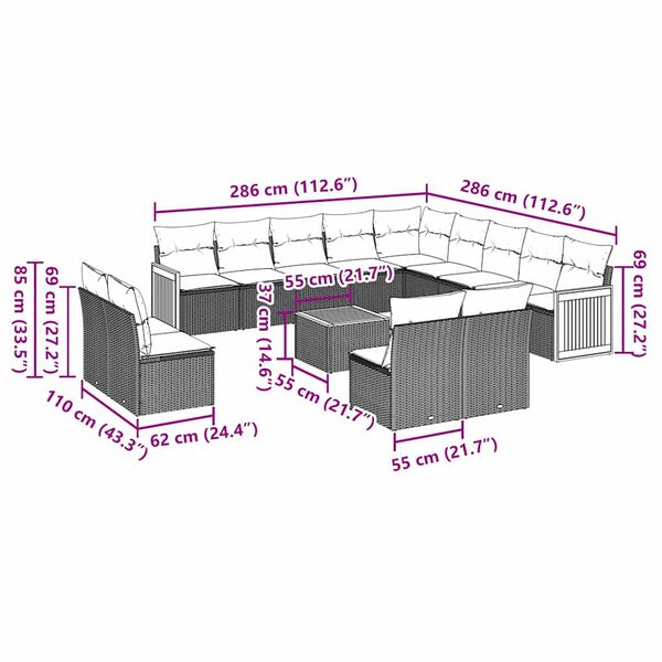 vidaXL 14-tlg. Garten-Sofagarnitur mit Kissen Schwarz Poly Rattan