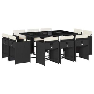 vidaXL 11-tlg. Garten-Essgruppe mit Kissen Schwarz Poly Rattan
