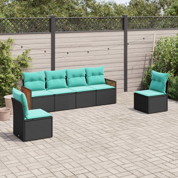 vidaXL 6-teiliges Gartensofa-Set mit Kissen, schwarzes Polyrattan
