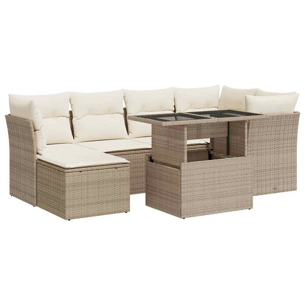vidaXL 7-tlg. Garten-Sofagarnitur mit Kissen Beige Poly Rattan