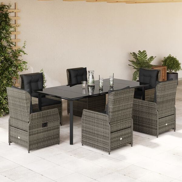 vidaXL 7-tlg. Garten-Essgruppe mit Kissen Grau Poly Rattan