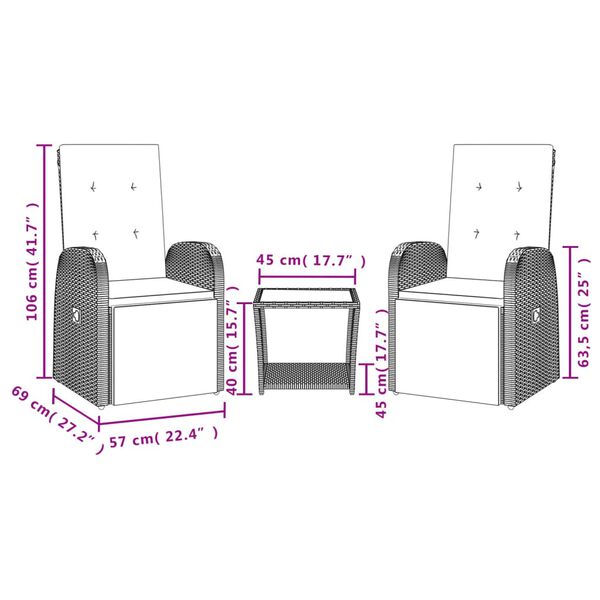 vidaXL 3-tlg. Garten-Essgruppe mit Kissen Grau Poly Rattan