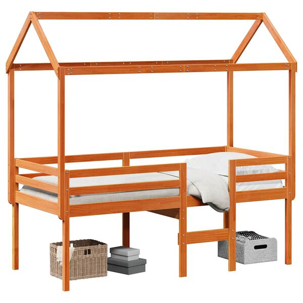 vidaXL Hochbett mit Dach Wachsbraun 80x200 cm Massivholz Kiefer
