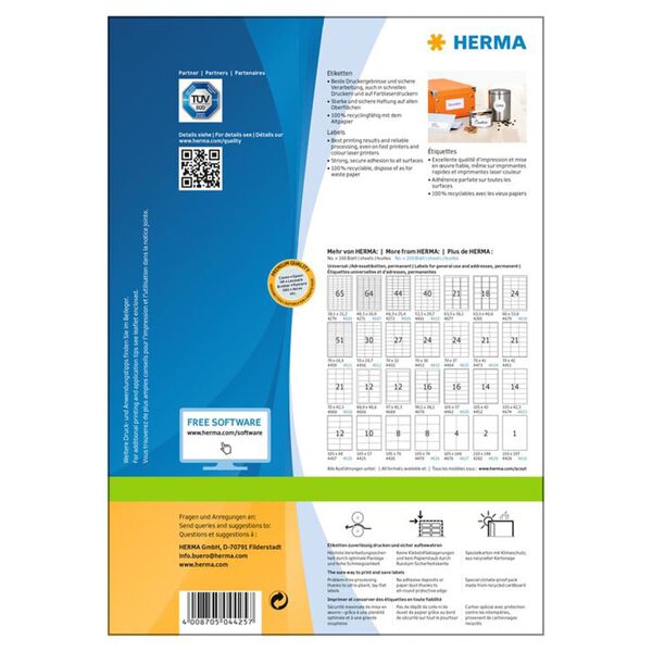 HERMA Etiketten PREMIUM Permanent Haftend A4 105x57 mm 100 Bl&auml;tter