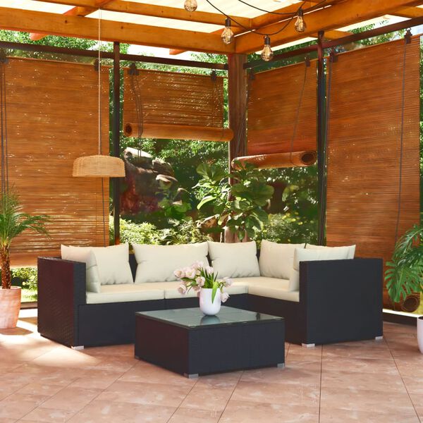 vidaXL 5-tlg. Garten-Lounge-Set mit Kissen Poly Rattan Schwarz