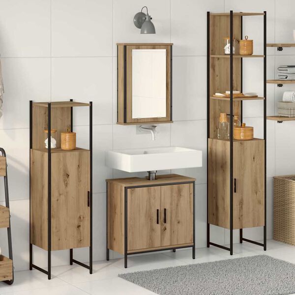 vidaXL Badezimmerm&ouml;bel-Set mit Regal mit T&uuml;r 4 pcs Braun Holzwerkstoff