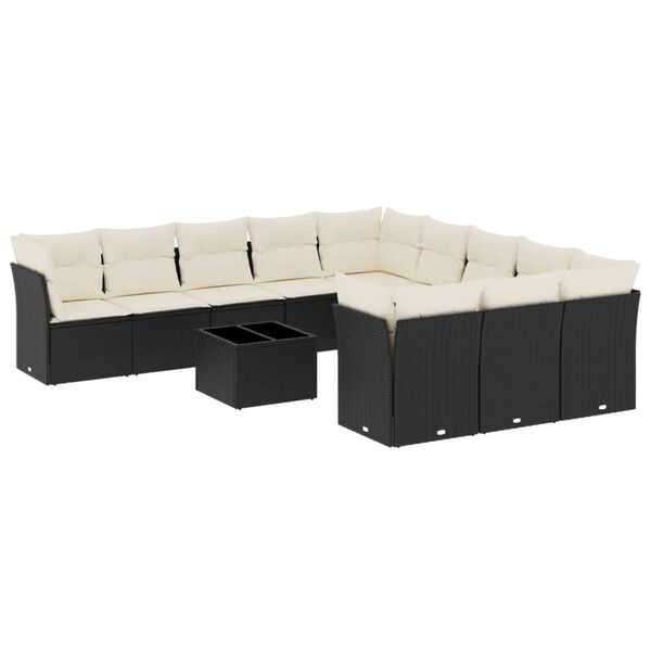 vidaXL 12-tlg. Garten-Sofagarnitur mit Kissen Schwarz Poly Rattan