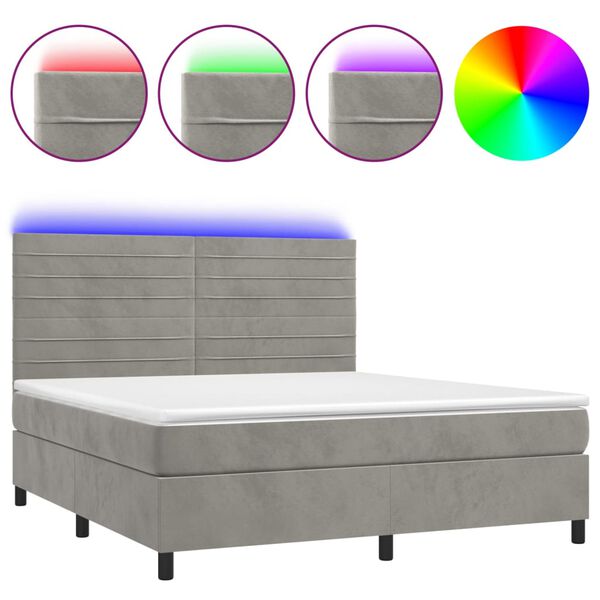 vidaXL Boxspringbett mit Matratze & LED Hellgrau 180x200 cm Samt