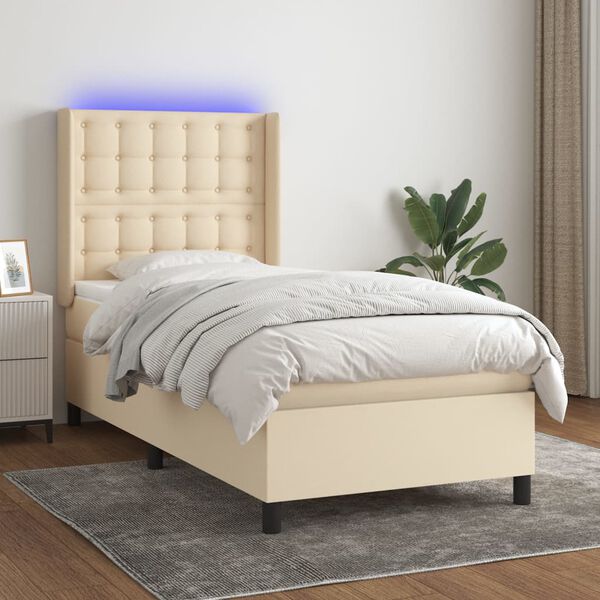 vidaXL Boxspringbett mit Matratze & LED Creme 90x190 cm Stoff