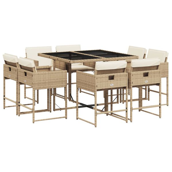 vidaXL 9-tlg. Garten-Essgruppe mit Kissen Beige Poly Rattan