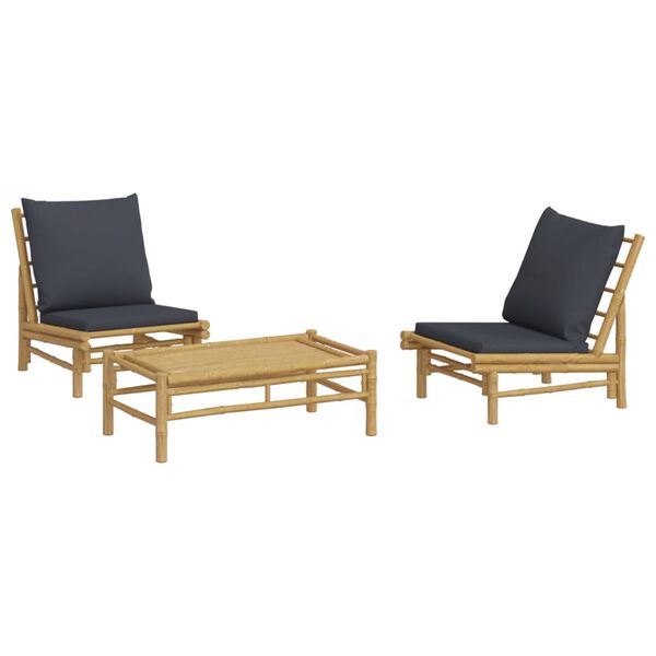 vidaXL 3-tlg. Garten-Lounge-Set mit Dunkelgrauen Kissen Bambus