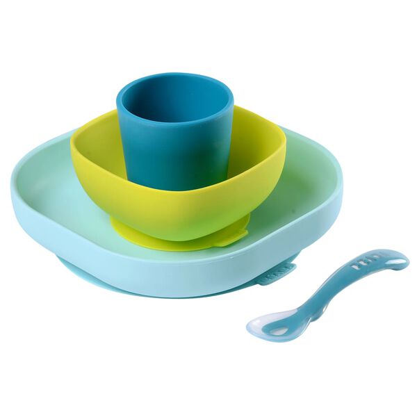 Beaba 4-tlg. Babygeschirr-Set Silikon Blau und Gr&uuml;n