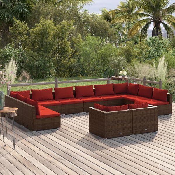 vidaXL 12-tlg. Garten-Lounge-Set mit Kissen Braun Poly Rattan