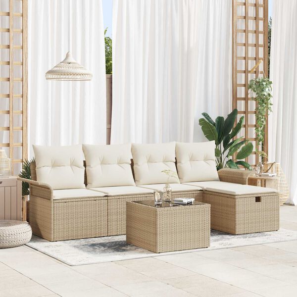vidaXL Garten-Sofa-Set mit Kissen mit Speicher 6 pcs Beige Poly Rattan