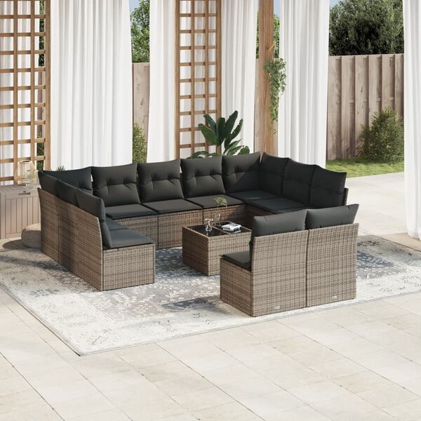 vidaXL 12-tlg. Garten-Sofagarnitur mit Kissen Grau Poly Rattan